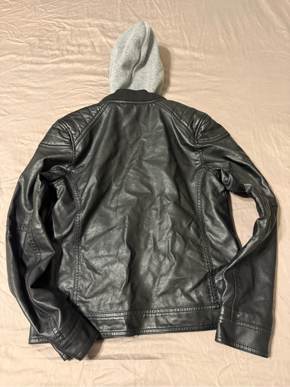 H&M Black Faux-Leather Bomber Jacket with Gray Hood - Picture 3 of 9